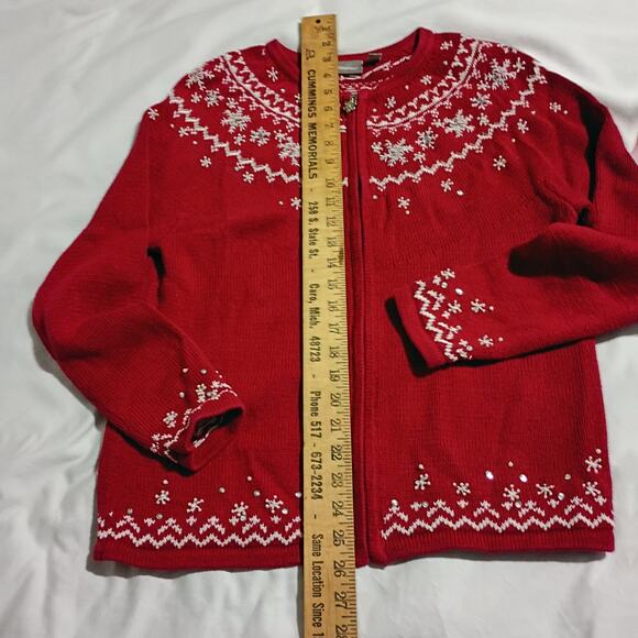 Christmas Cardigan Sweater Small Red Pearls Jewels Snowflakes Raglan-Sleeve - Picture 10 of 12